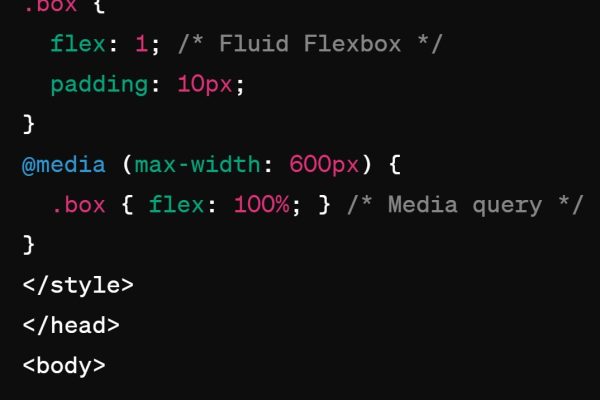 screenshot of code showing an example of flexbox, media queries, and fluid rules Screenshot of code showing an example of flexbox media queries and fluid rules.