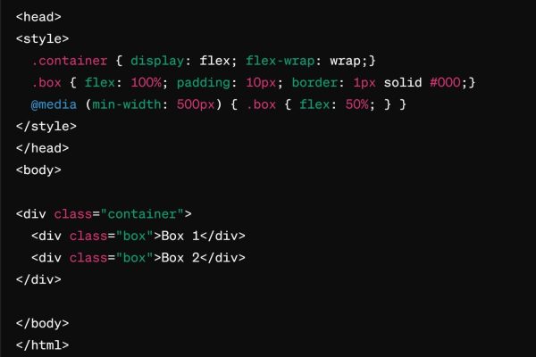 web design for mobile code example1 Screenshot example introduces a .container that uses Flexbox to arrange .box elements. The flex property changes based on the viewport width due to the media query, showcasing a responsive design that adjusts from a single-column layout on smaller screens to a two-column layout on wider screens.