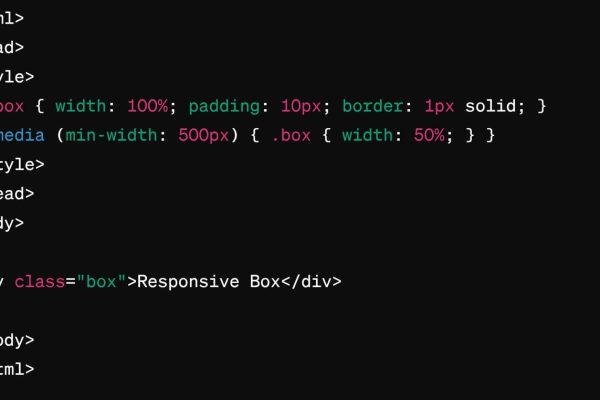 web design for mobile code example2 Screenshot of code snippet creates a box that is fully responsive, showcasing how it adjusts from a full-width layout on smaller screens to a half-width layout on screens wider than 500 pixels, exemplifying both fluid design and media queries in the most streamlined form.