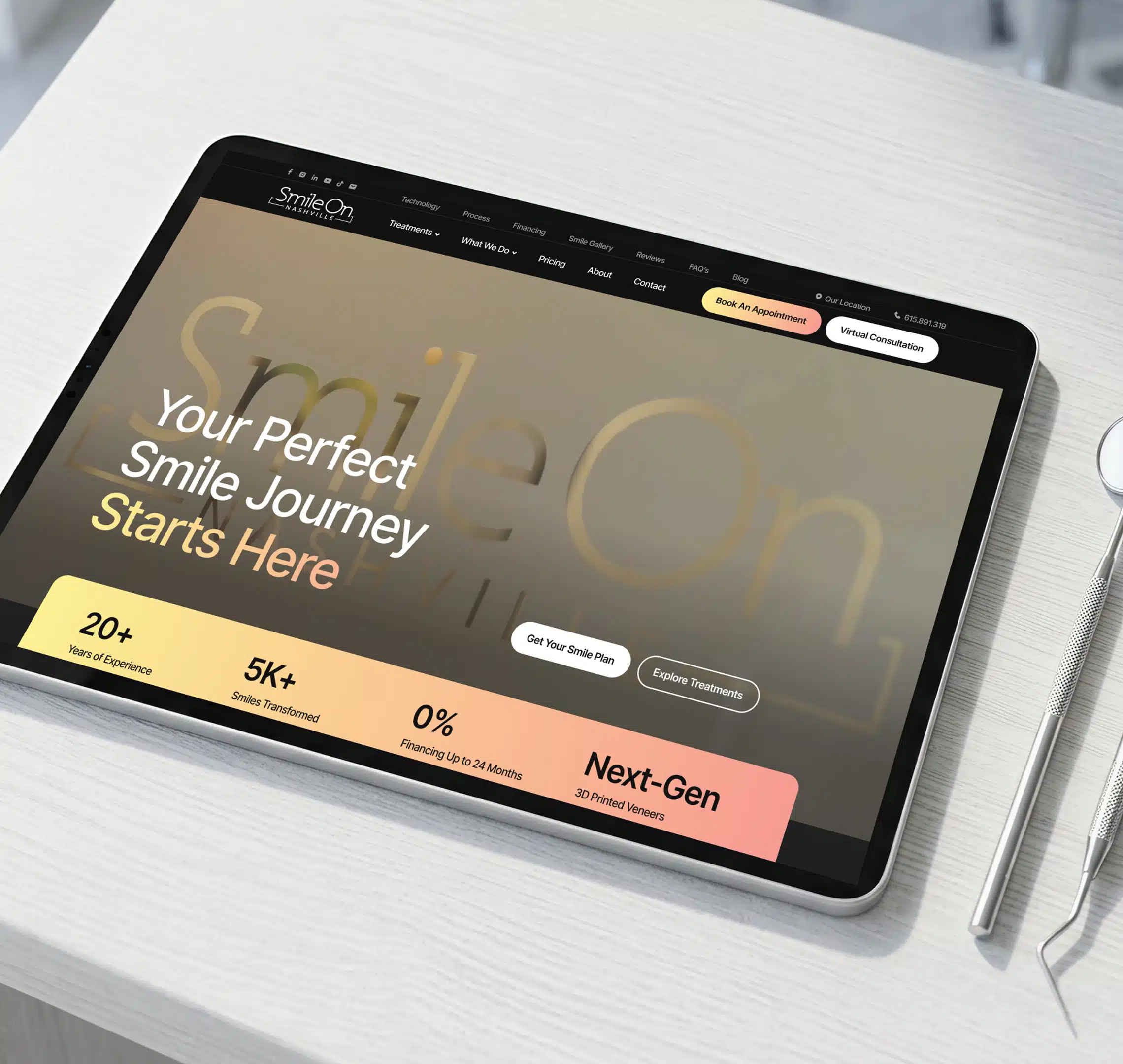 Tablet displaying dental service website